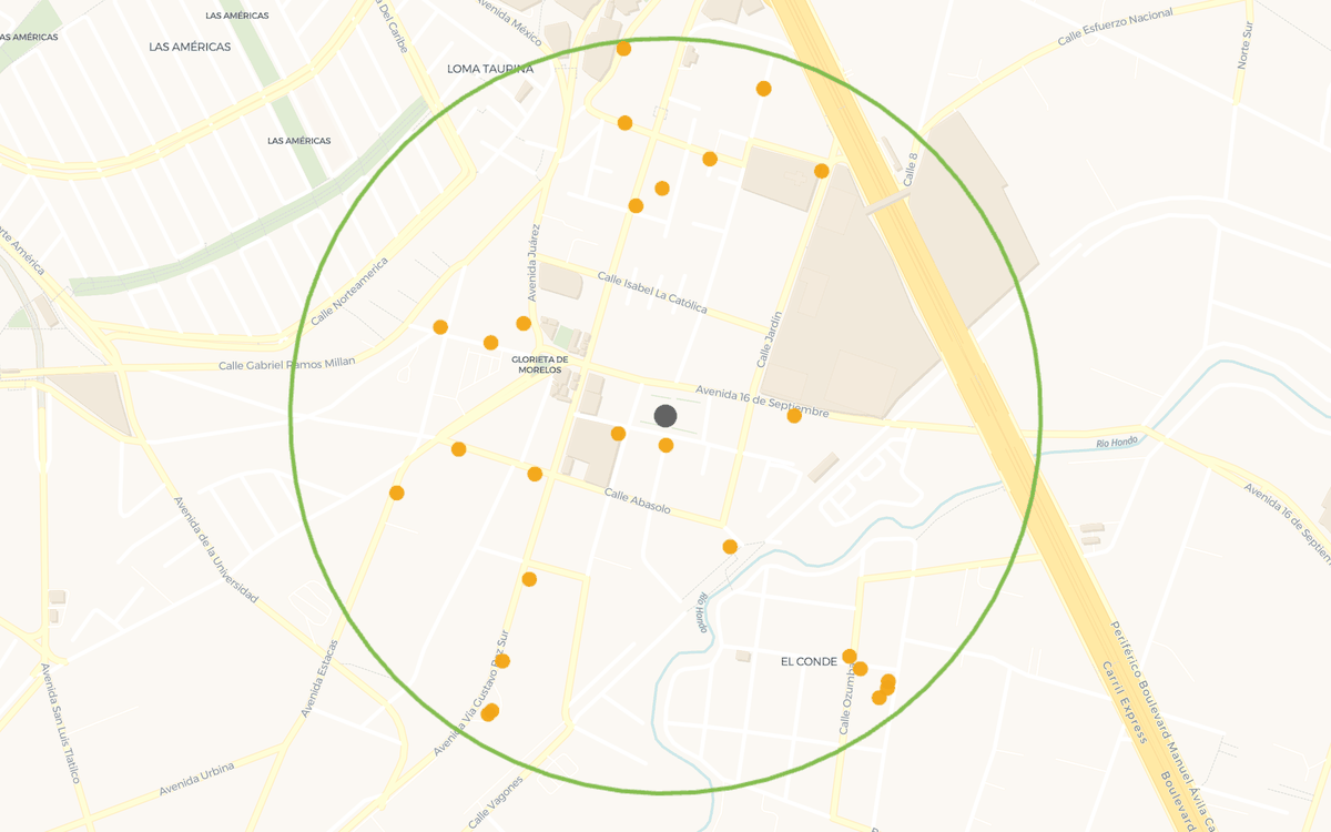 Mapa con los 27 competidores directos ubicados dentro del radio de 500 metros