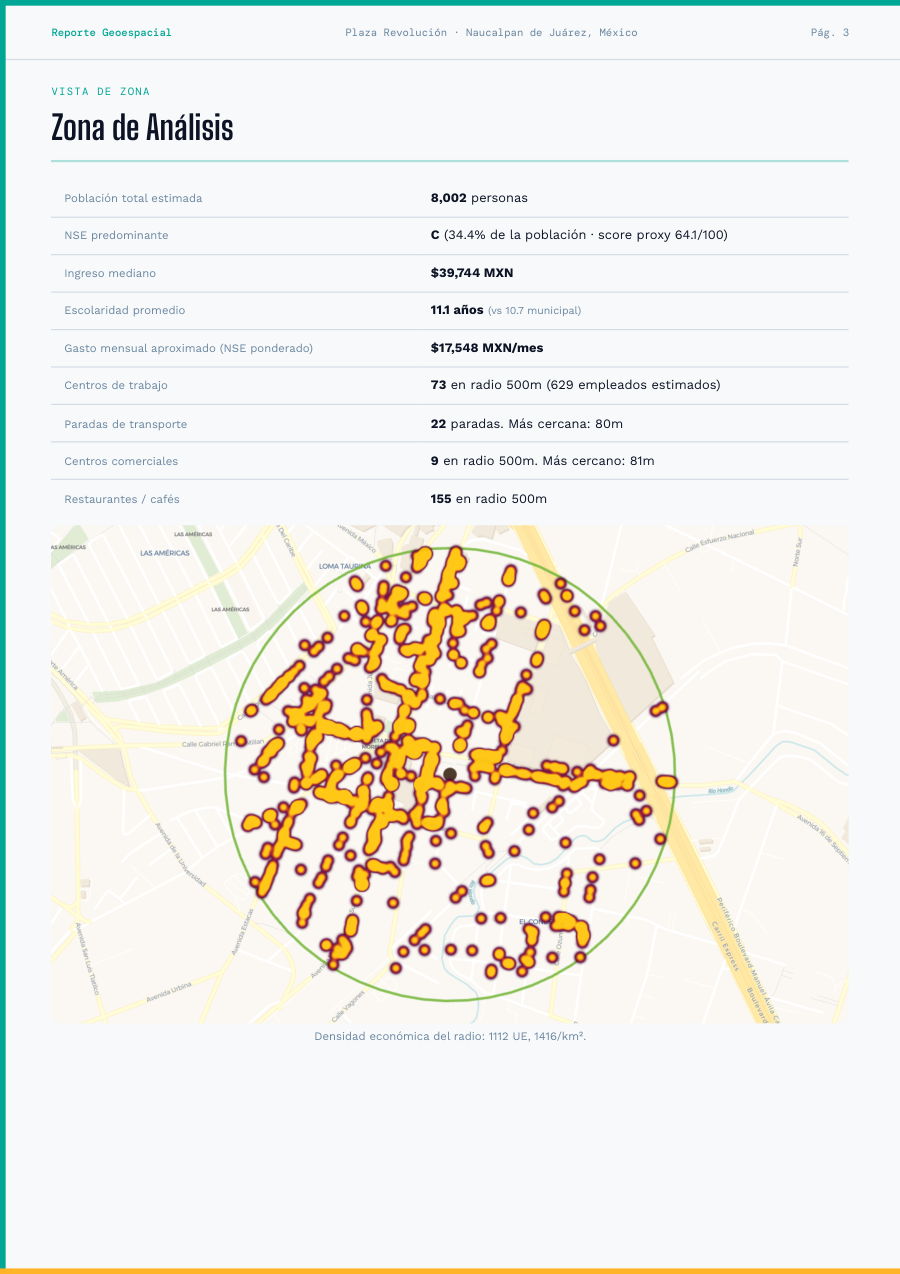 Página de zona de análisis con el mapa de densidad económica